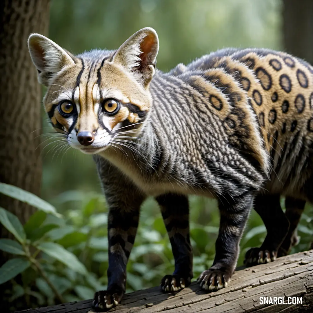 Small Genet standing on a log in the woods with a blurry background