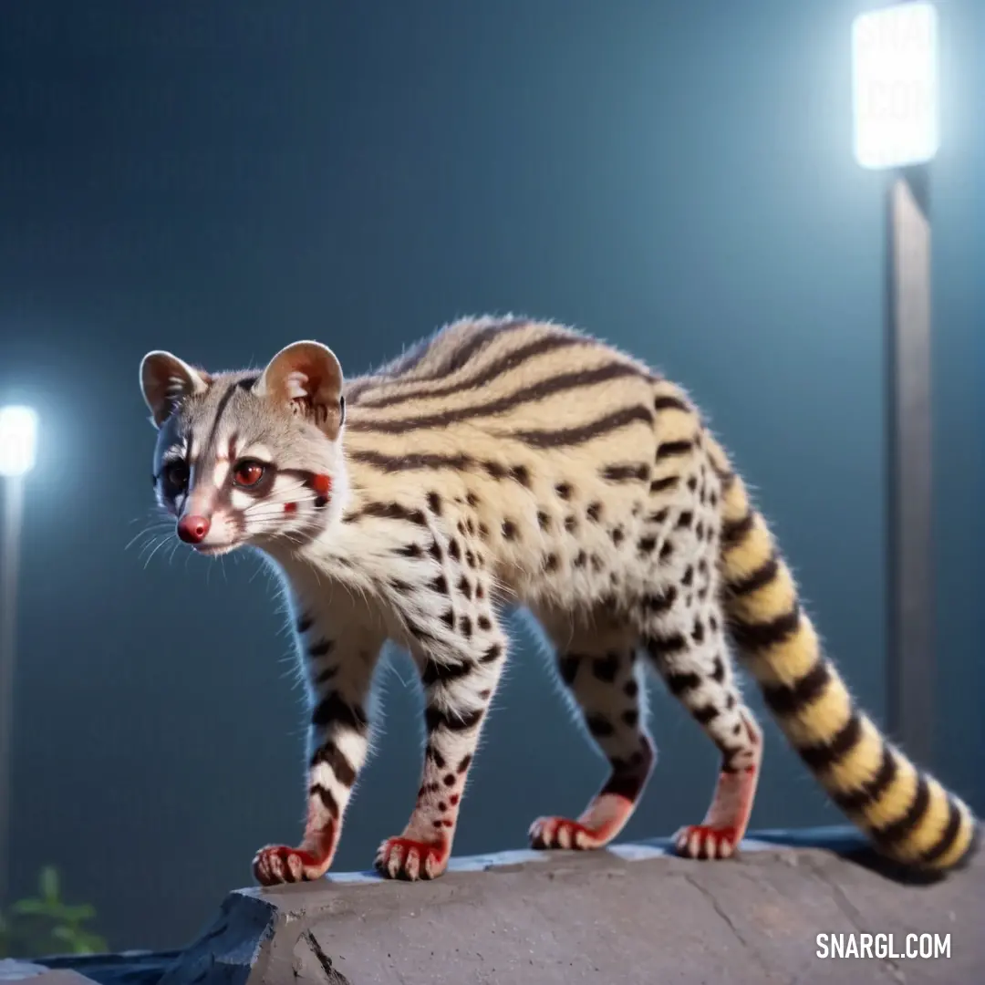Small striped Genet standing on top of a stone wall at night time with lights in the background