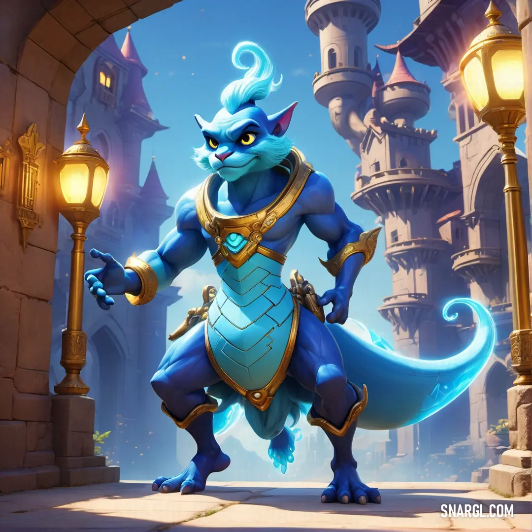 Blue Genie standing in front of a castle entrance with a light on it's head and a lantern in his hand