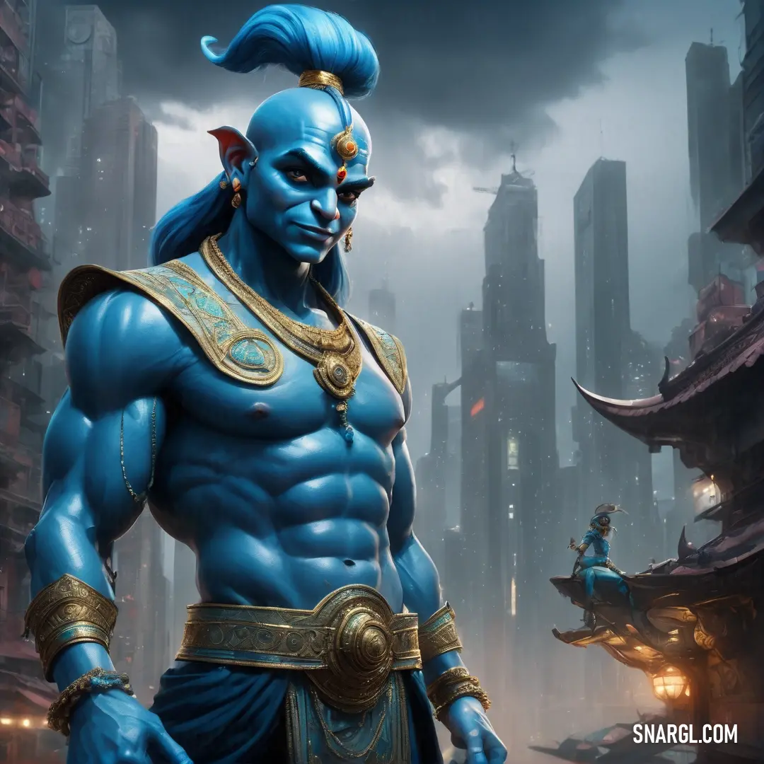 Blue male Genie in a futuristic city with a blue hair and blue skin and a gold belt