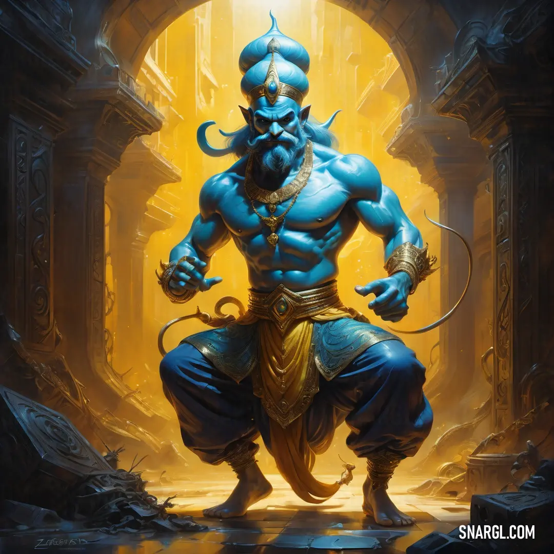 Blue male Genie with a beard and a beard in a cave with a light shining behind him and a halo around his neck