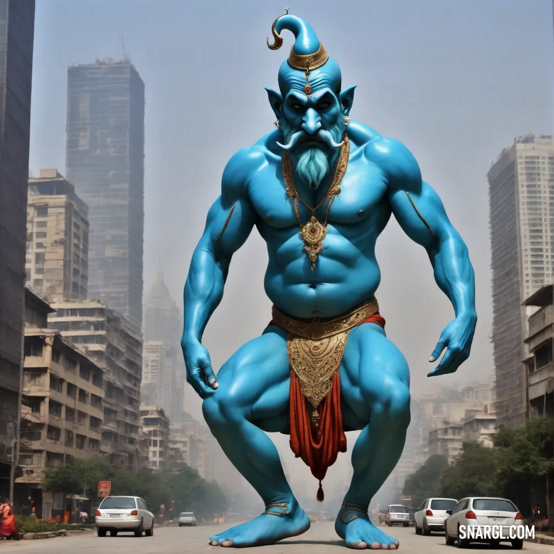 Blue male Genie with a beard and a beard standing in the middle of a street in front of tall buildings