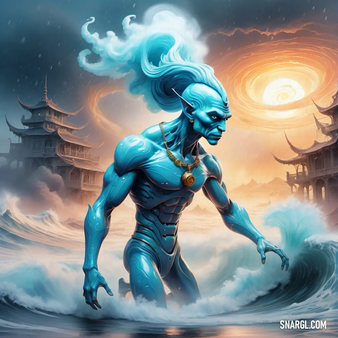 Blue male Genie with a long hair standing in the water with a sky background