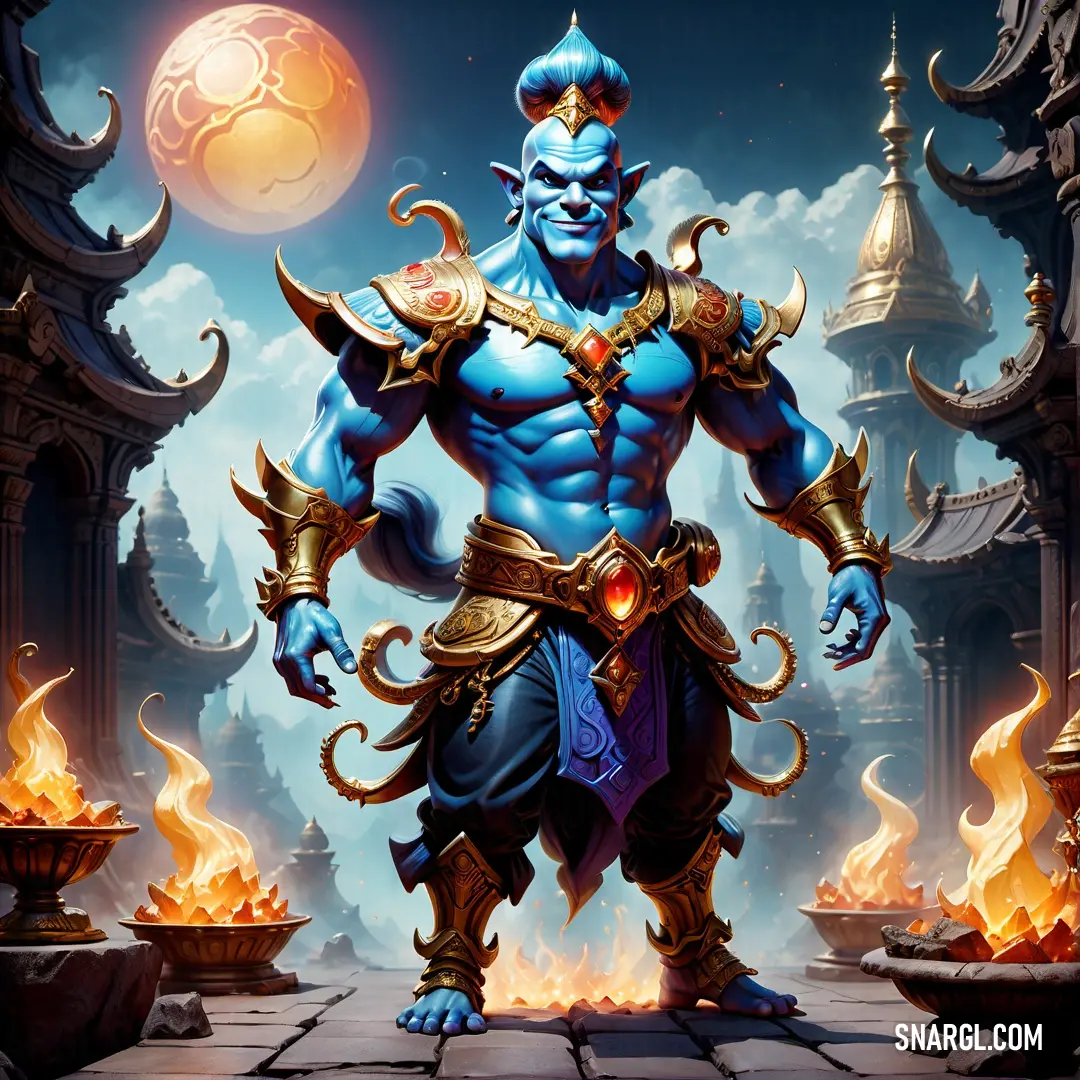 Blue male Genie with a sword standing in front of a fire pit with a sky background