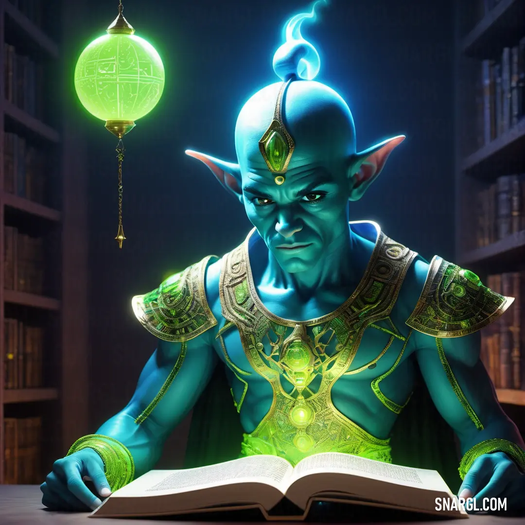Genie reading a book in a library with a green light on his head