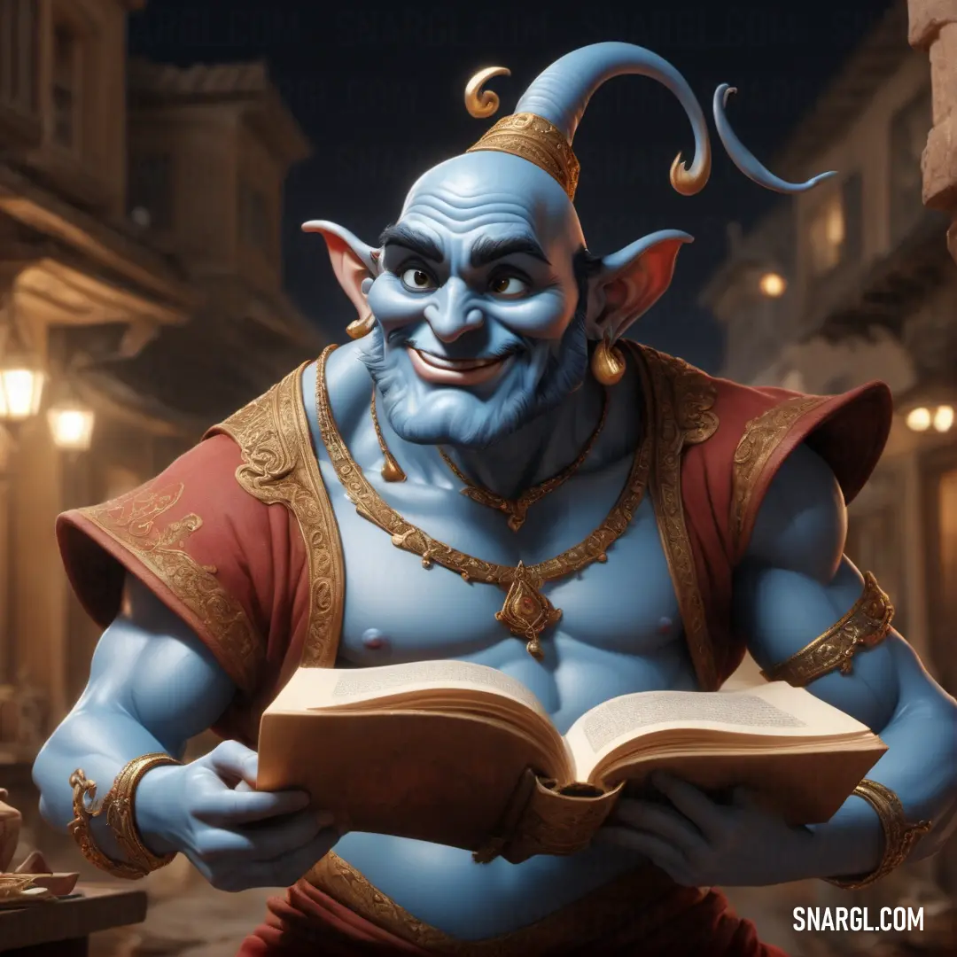 Genie is reading a book in a street at night with lights on and a Genie like face