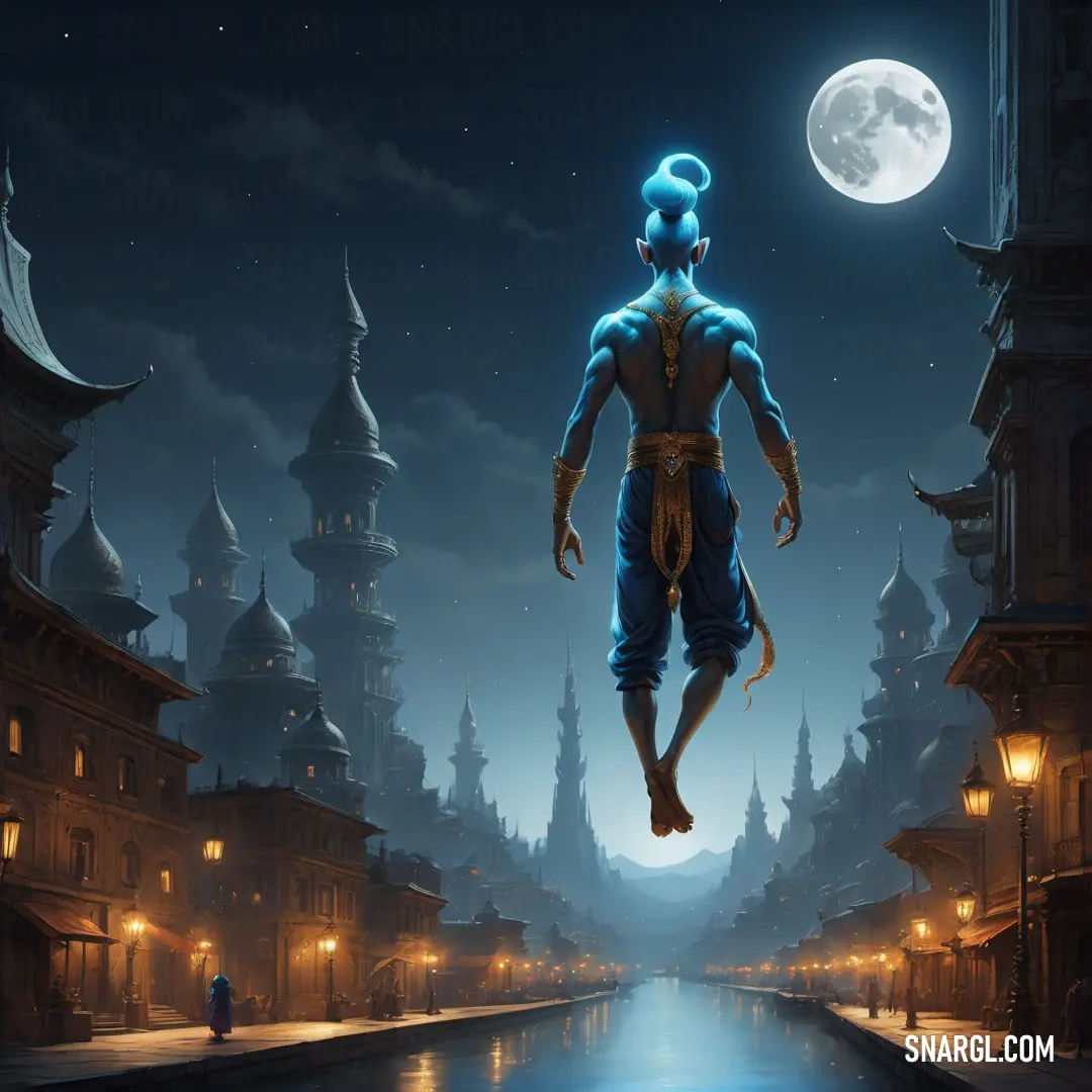 Genie in a blue outfit is walking on a bridge over a river at night with a full moon in the background