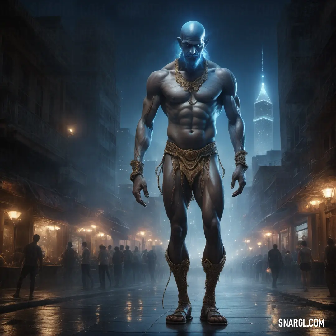 Genie in a costume standing in a street at night with a city in the background
