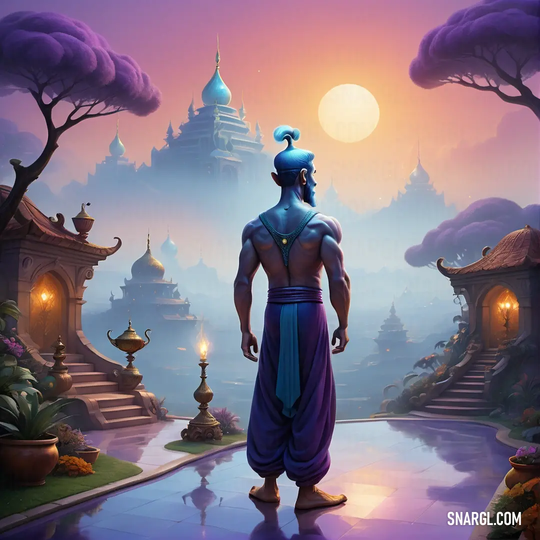 Genie standing in front of a lake in a fantasy setting with a castle in the background
