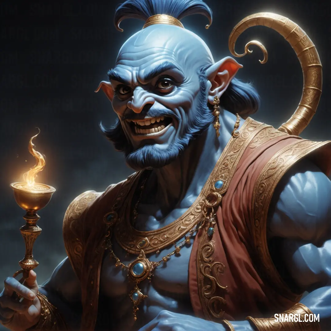 Genie with a blue face and a blue beard holding a candle in his hand and wearing a blue costume