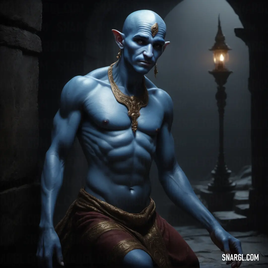 Genie man with blue skin and a gold necklace in a dark tunnel with a light on his head