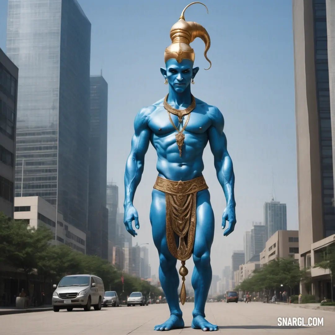 Statue of a blue male Genie in a city street with tall buildings in the background and a car parked on the street