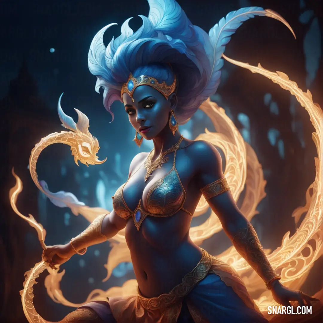 Woman Genie with blue hair and a blue body with a dragon on her arm and a ring around her neck