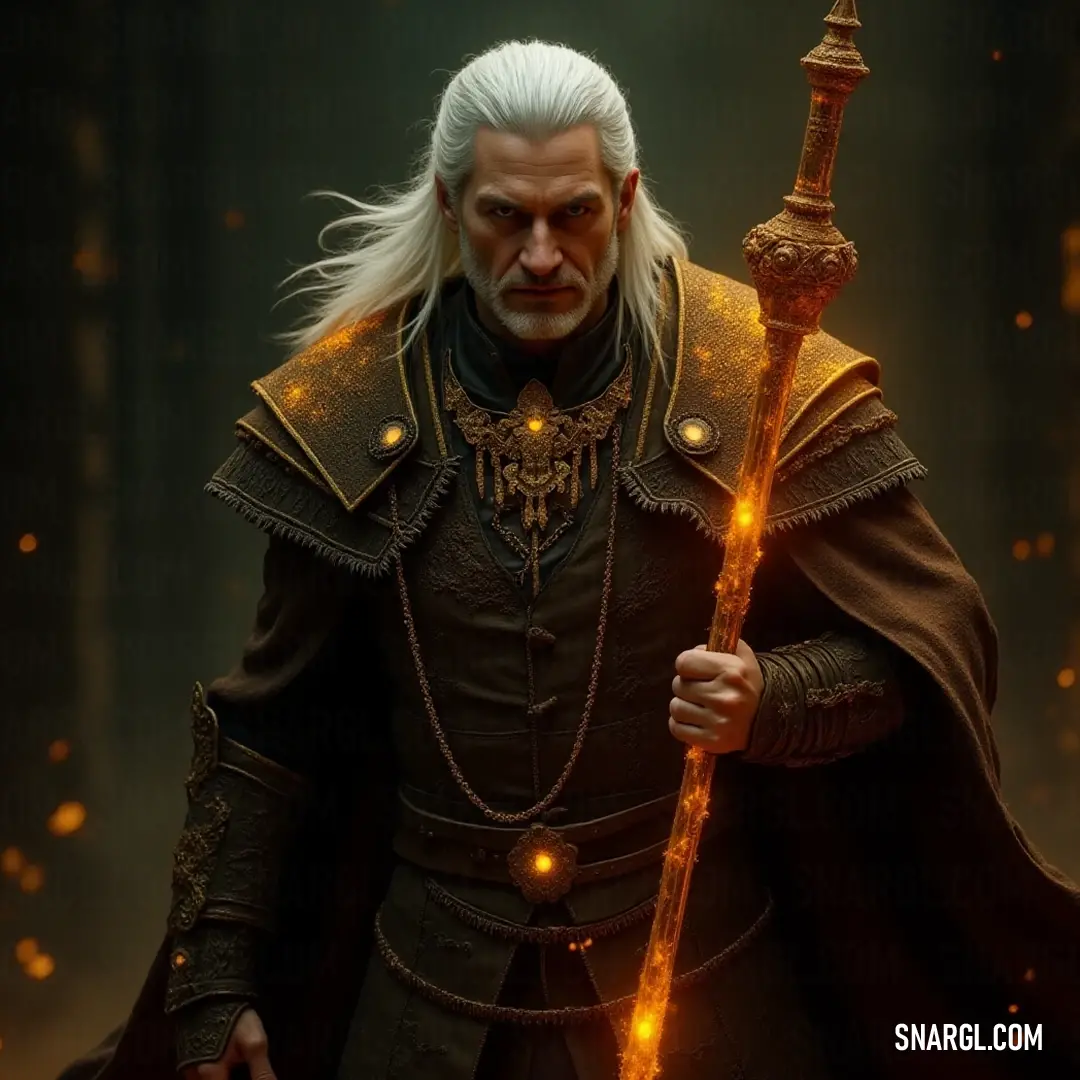 A formidable hero, adorned in an elaborate costume, stands poised with a staff and sword, capturing a moment rife with suspense and readiness for action. A bold figure clad in an intricate costume grips a mighty staff and a sword, standing firmly in an atmosphere thick with tension, embodying the essence of a true hero.