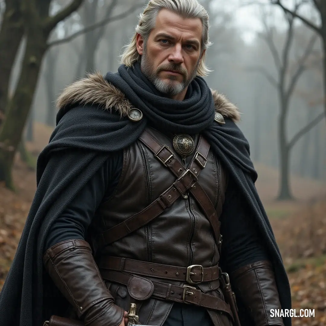 In a vibrant forest, a warrior clad in leather stands resilient, sword in hand, a captivating embodiment of strength and determination amid nature's embrace. A fierce warrior in a rugged leather outfit clutches a sword tightly, her silhouette framed by towering trees in a dense forest, embodying the spirit of adventure and endurance.