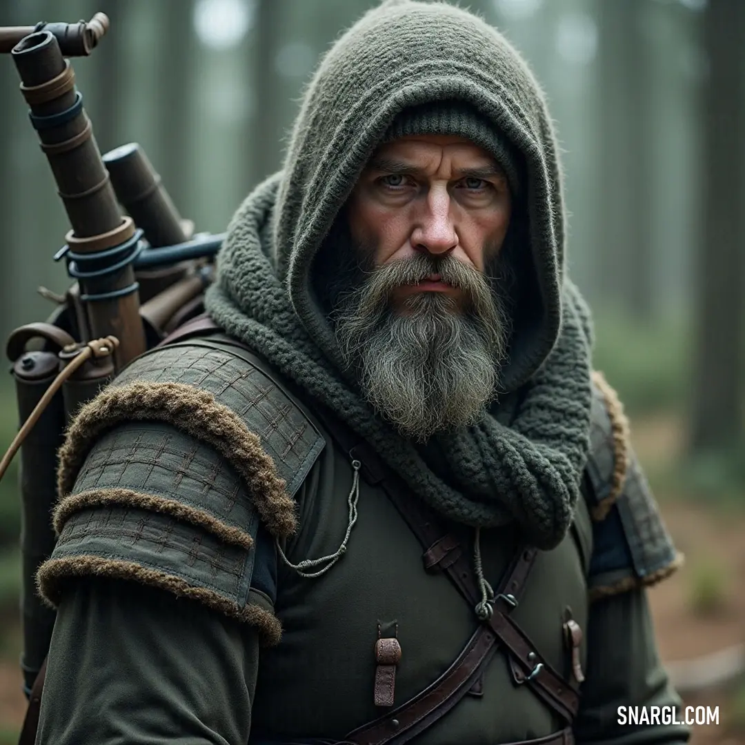 A hooded figure brandishing a rifle stands alert in a dense forest, where the sun filters through the trees, creating a spectacle of light and shadow. The warrior's gaze is unwavering, embodying readiness amidst the tranquil beauty of nature.