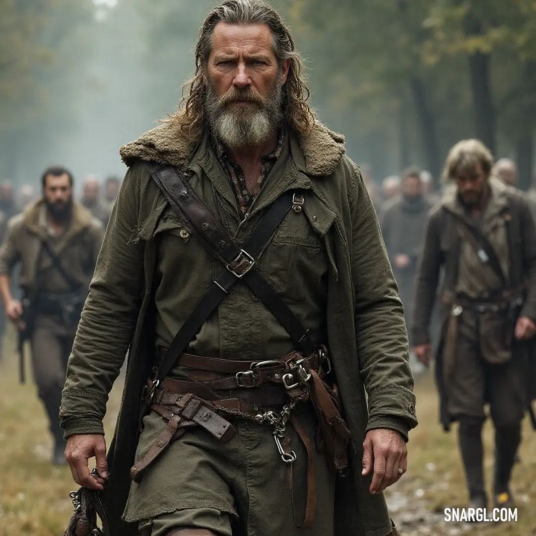 A fierce warrior in green walks bravely through a sunlit field, surrounded by companions ready for adventure, framed by picturesque hills in the distance. A rugged warrior clad in a rich green ensemble strides confidently through a sunlit field, accompanied by a band of men dressed for battle, their expressions set with determination as the rolling hills frame their journey.