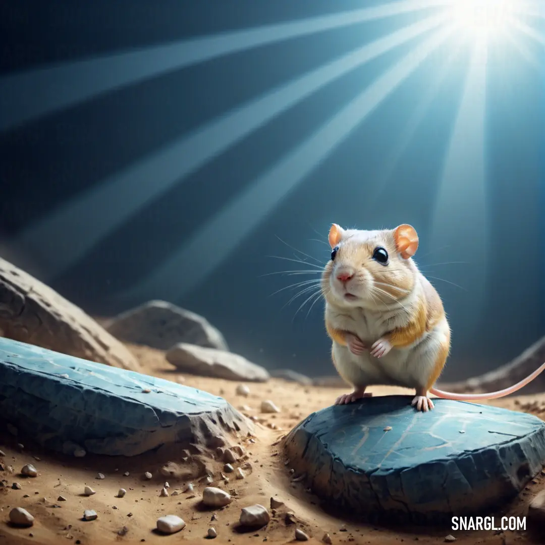 Mouse on top of a rock in the dirt with a light shining on it's face