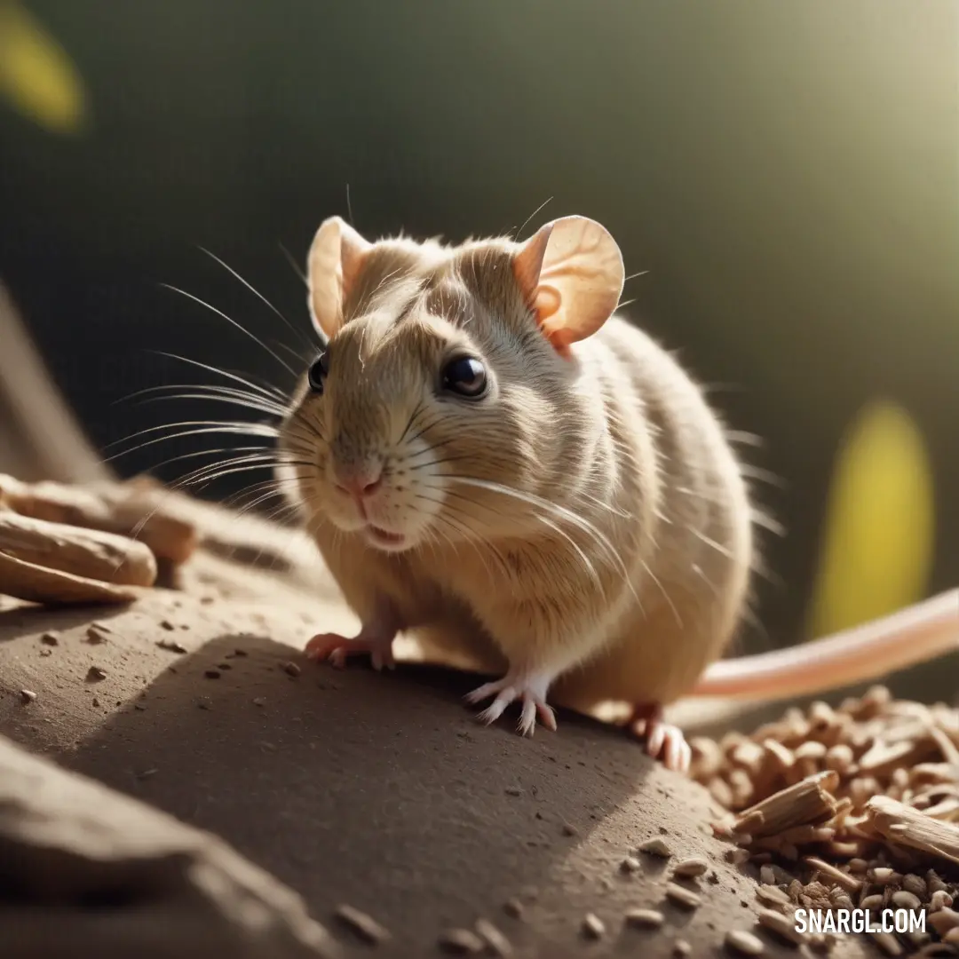 Mouse on top of a table next to a pile of food and a wire fence with a light shining on it