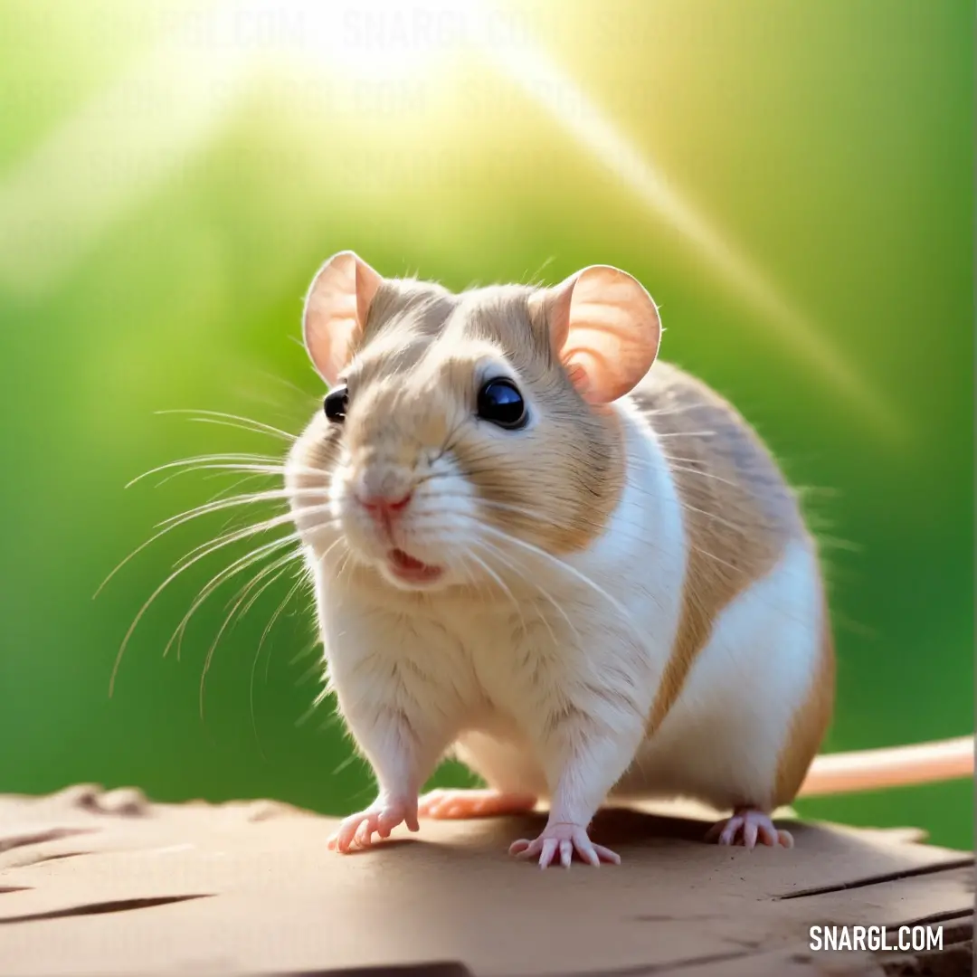 Mouse on top of a wooden table next to a green background