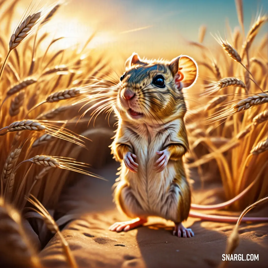 Mouse standing in a field of wheat with the sun in the background