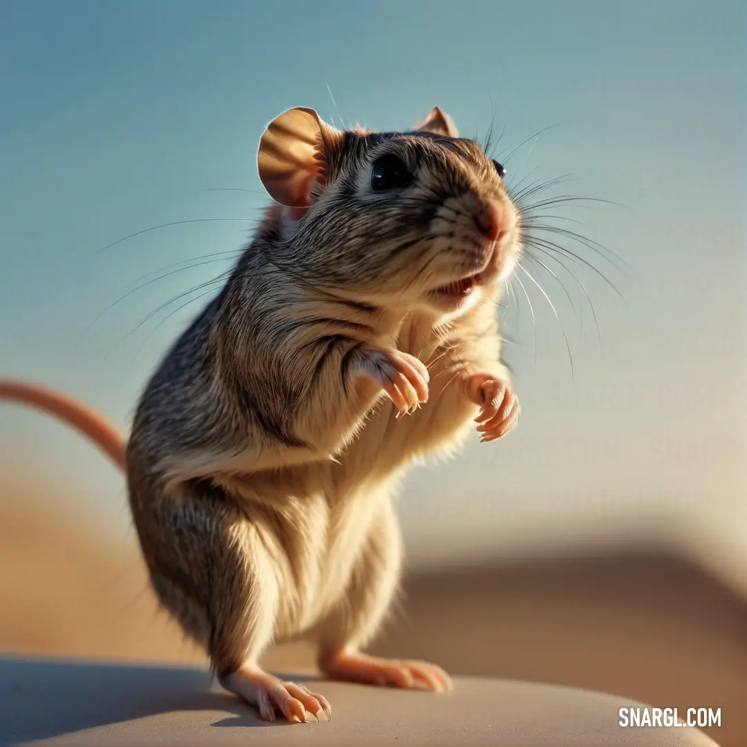 Mouse standing on its hind legs on a sand dune in the desert