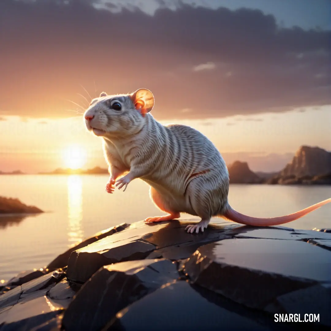 Gerbil on a rock in front of a body of water at sunset with the sun setting behind it