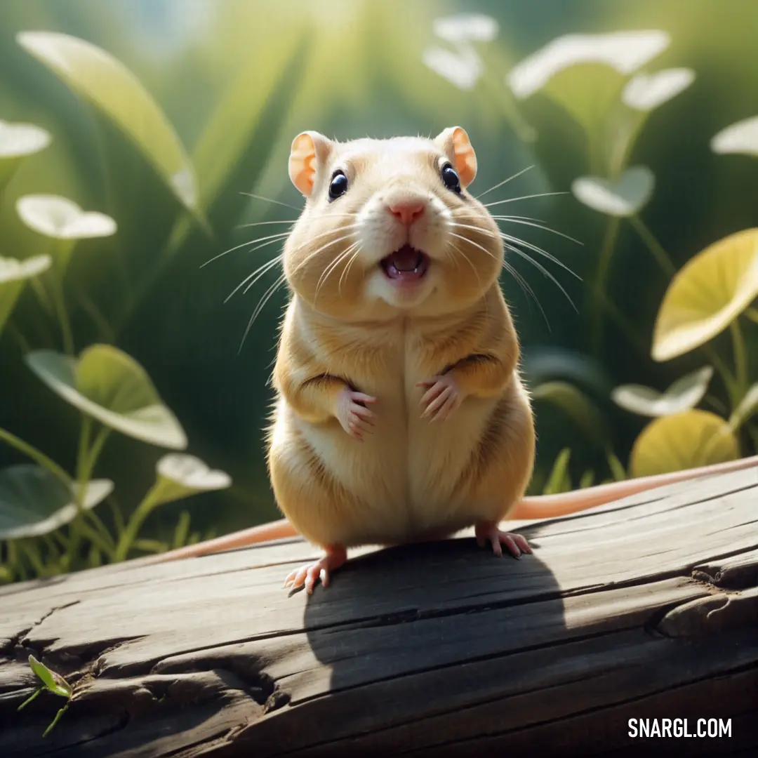 Rodent on a wooden surface with its front paws on the ground and its eyes open