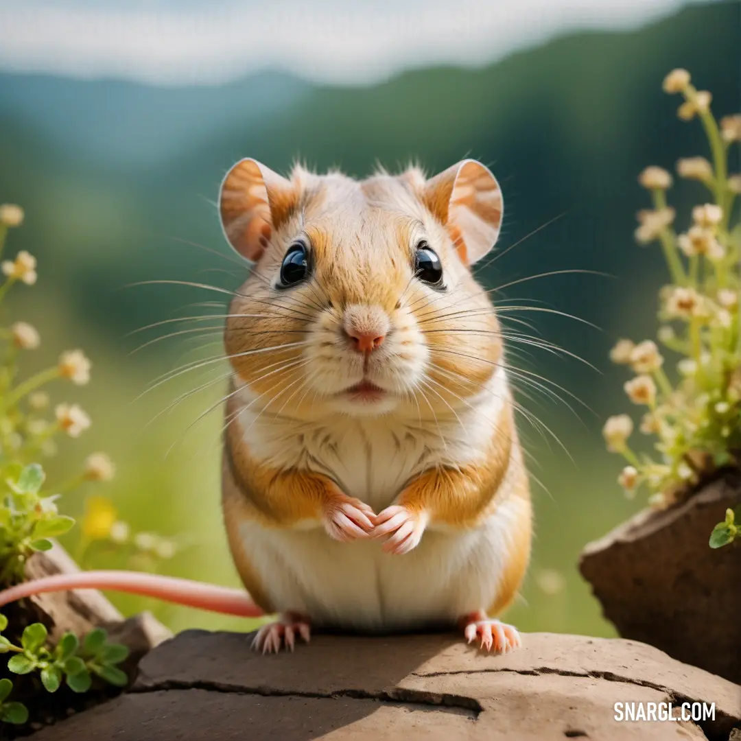 Small rodent on a rock with its front paws on the ground and a mountain in the background