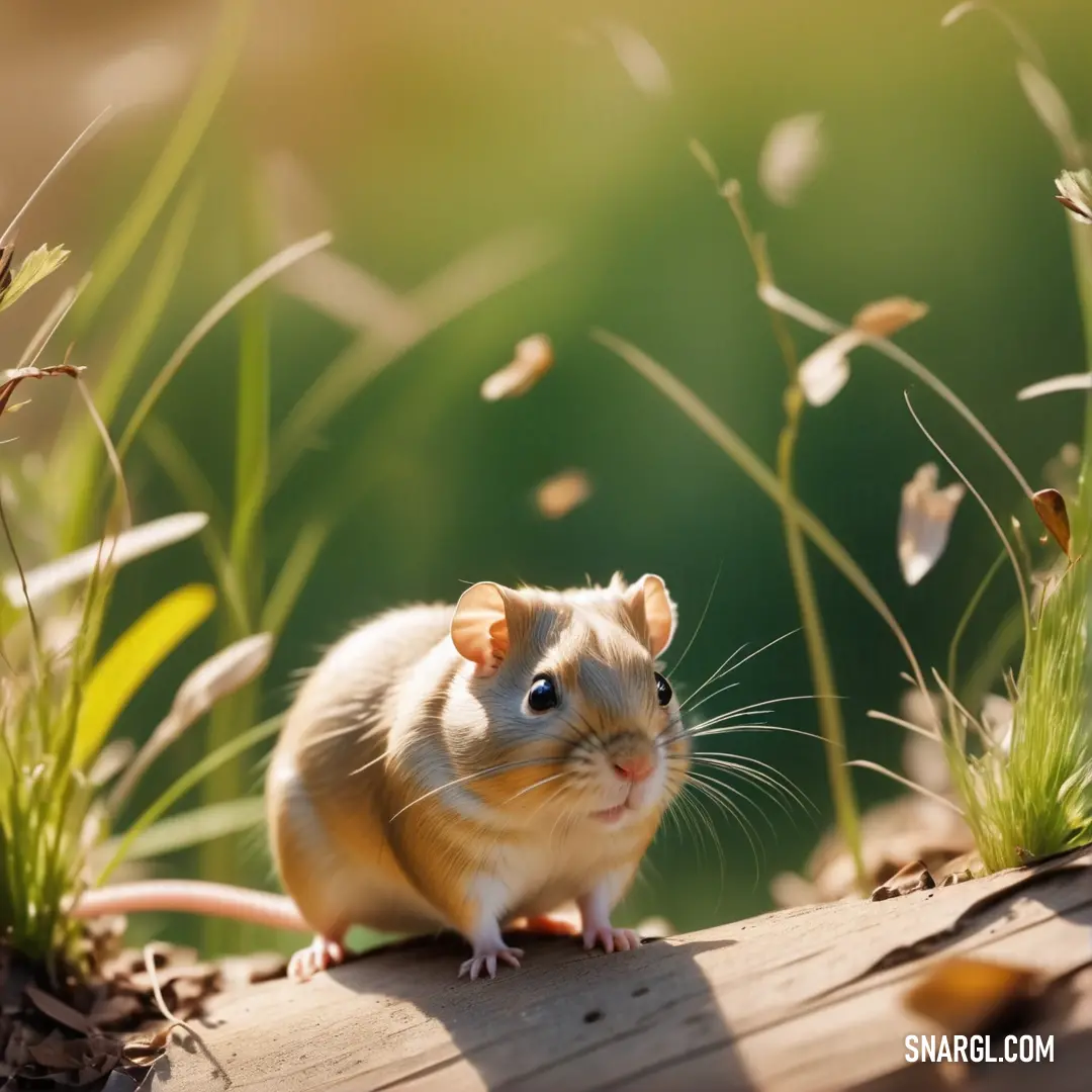 Small rodent standing on a wooden plank in the grass with its eyes open and a small patch of grass in the background