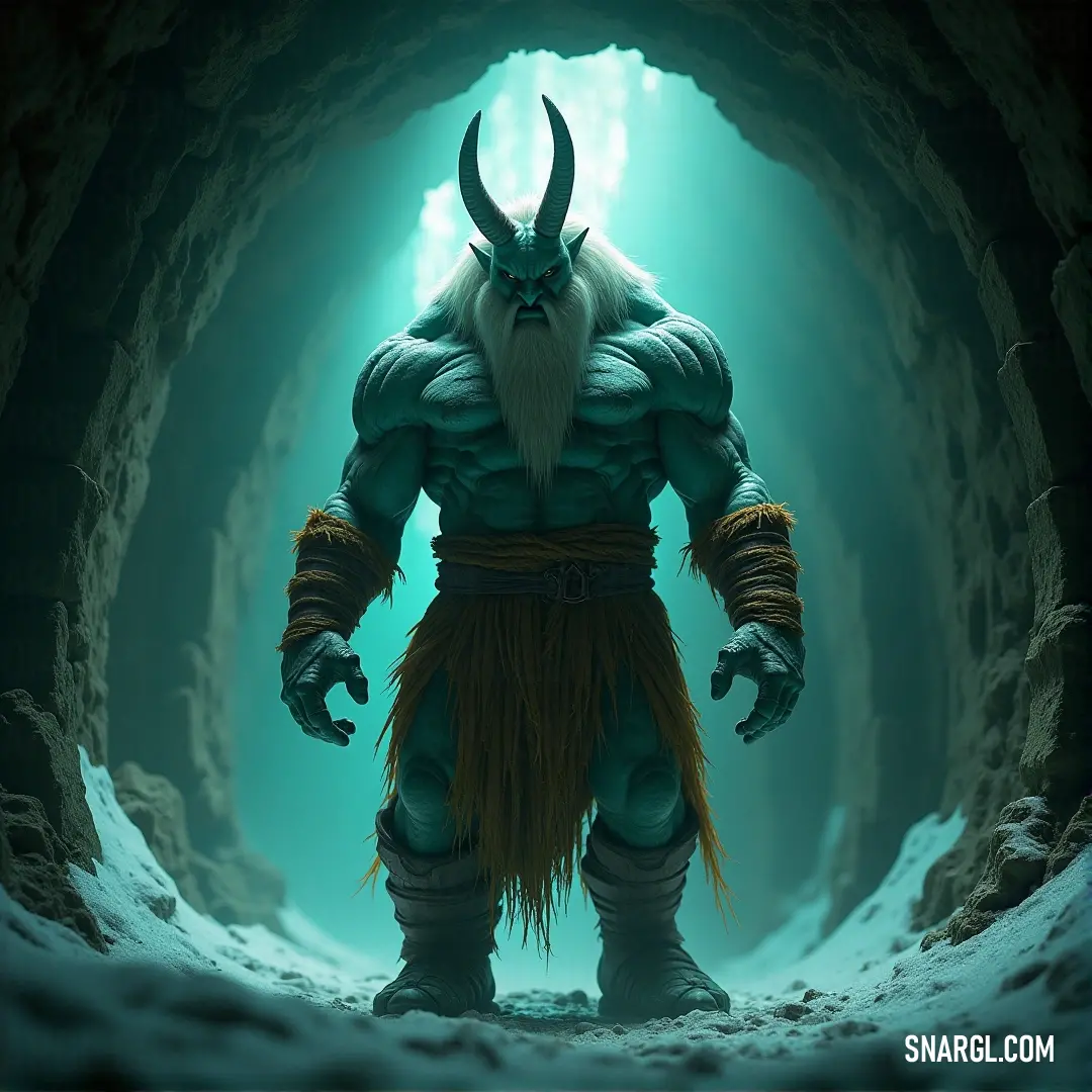 Gerd, with a striking horned face and a rugged beard, stands alone in a mysterious cave. A faint, ethereal light glows from the background, casting an eerie, otherworldly atmosphere over the scene.