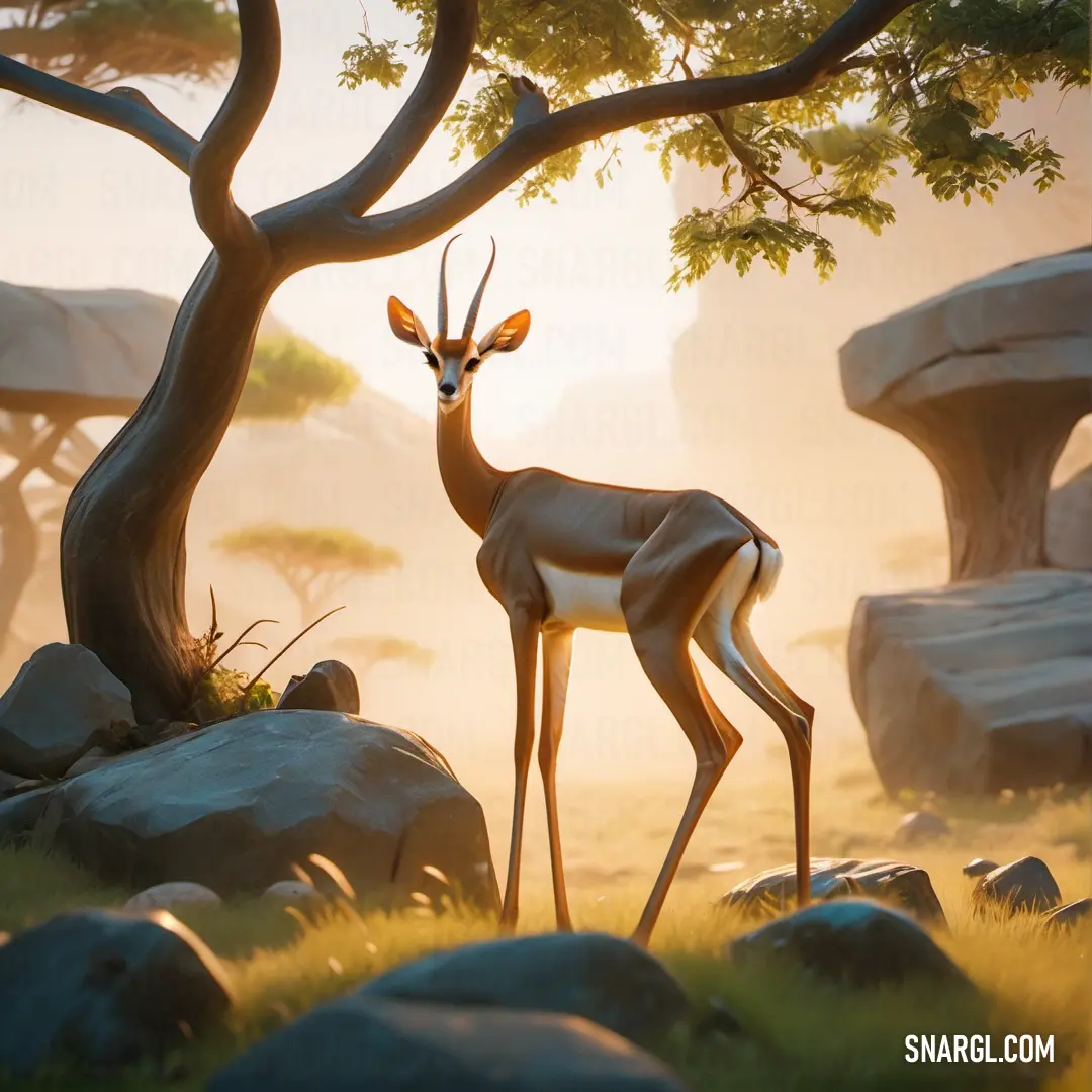 Deer standing next to a tree on a lush green field with rocks and trees in the background