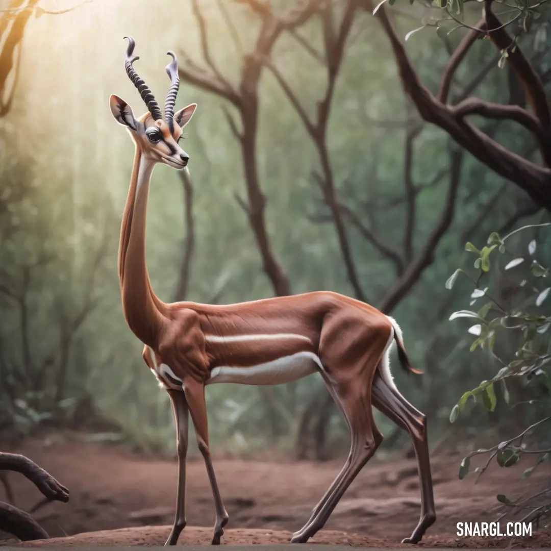 Gazelle standing in the middle of a forest with trees in the background