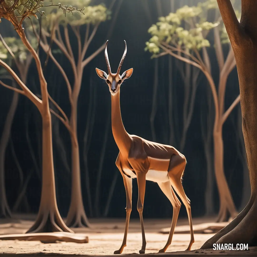 Gazelle standing in front of a tree in a forest with no leaves on it's branches