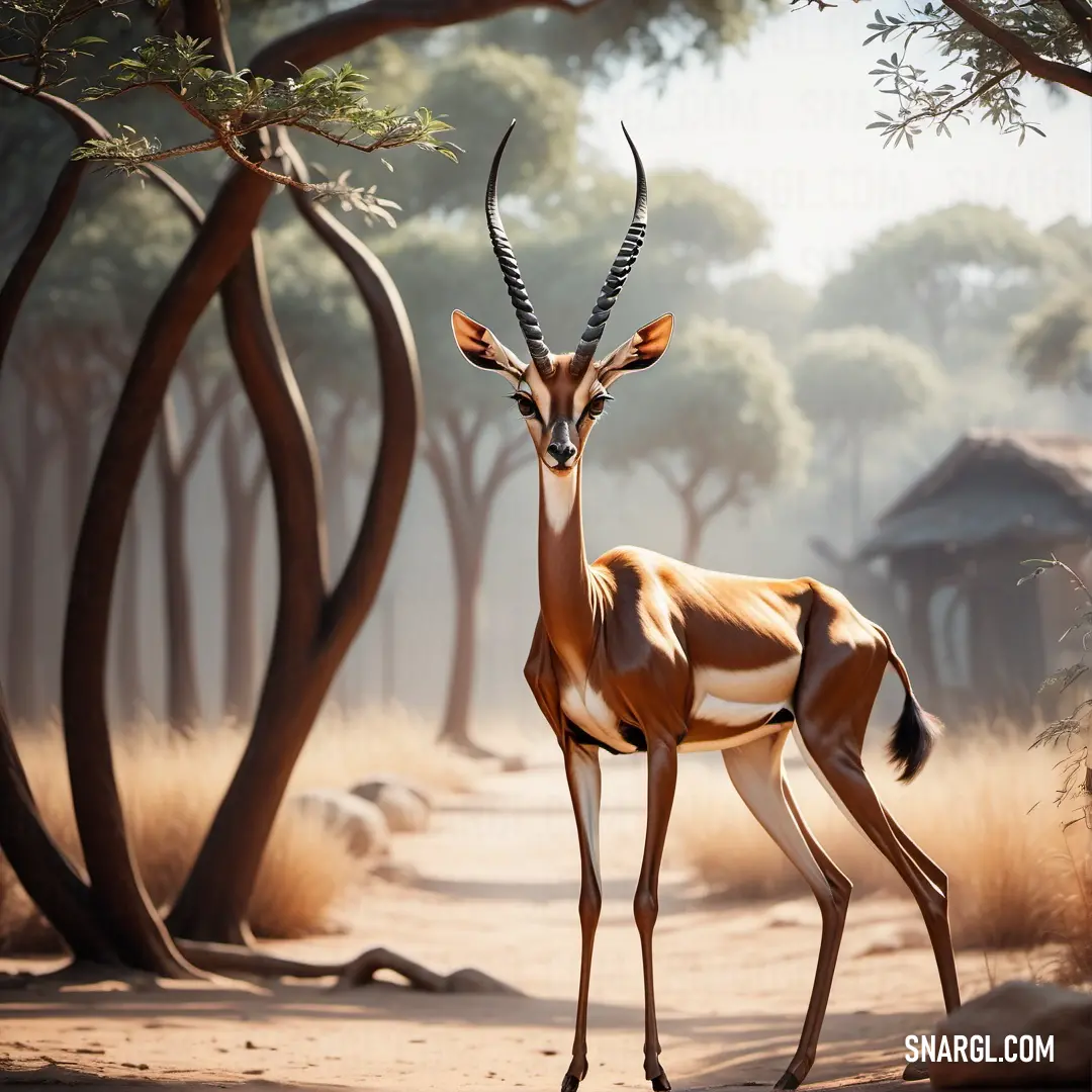 Gazelle standing in the middle of a forest with trees in the background