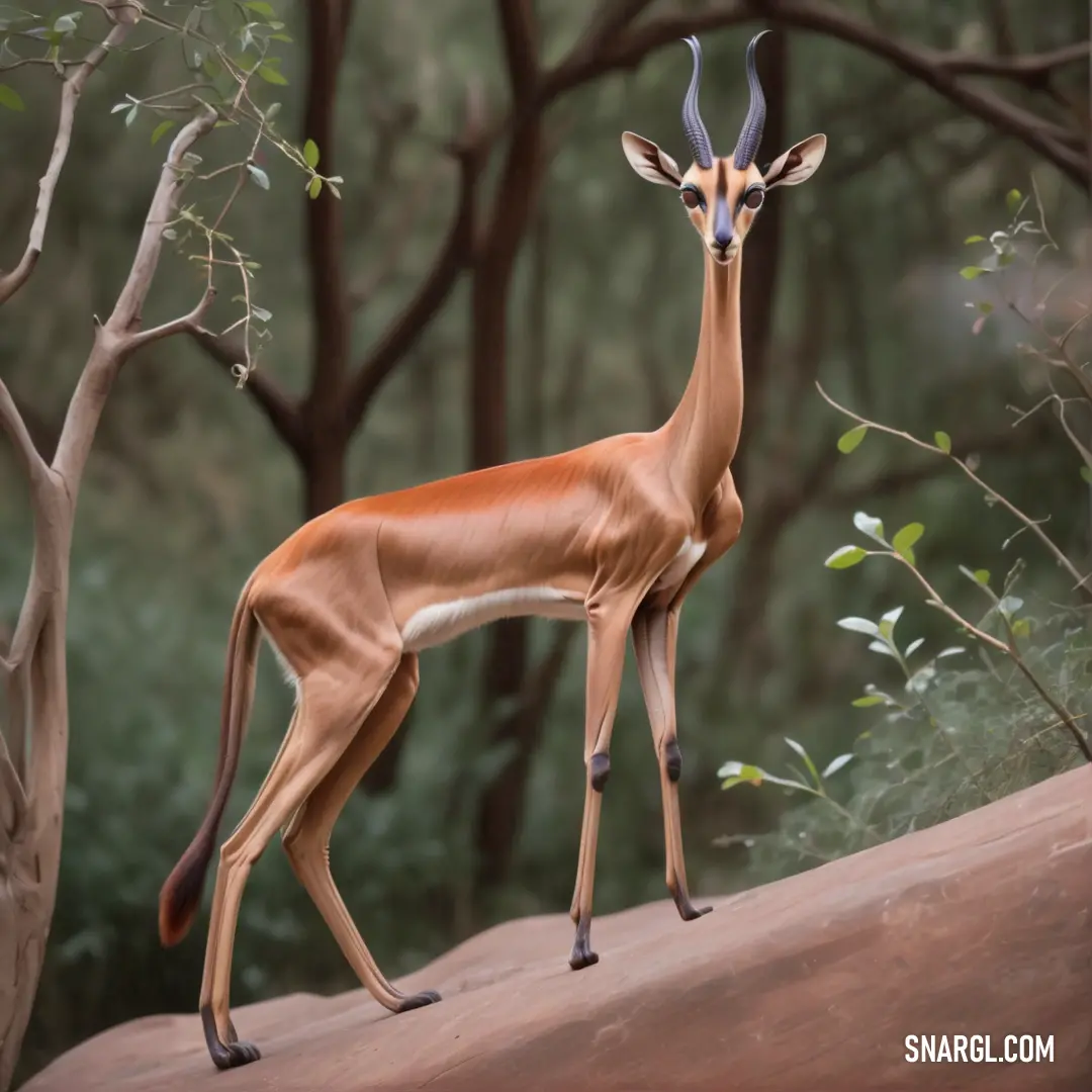 Gazelle standing on a rock in a forest with trees in the background
