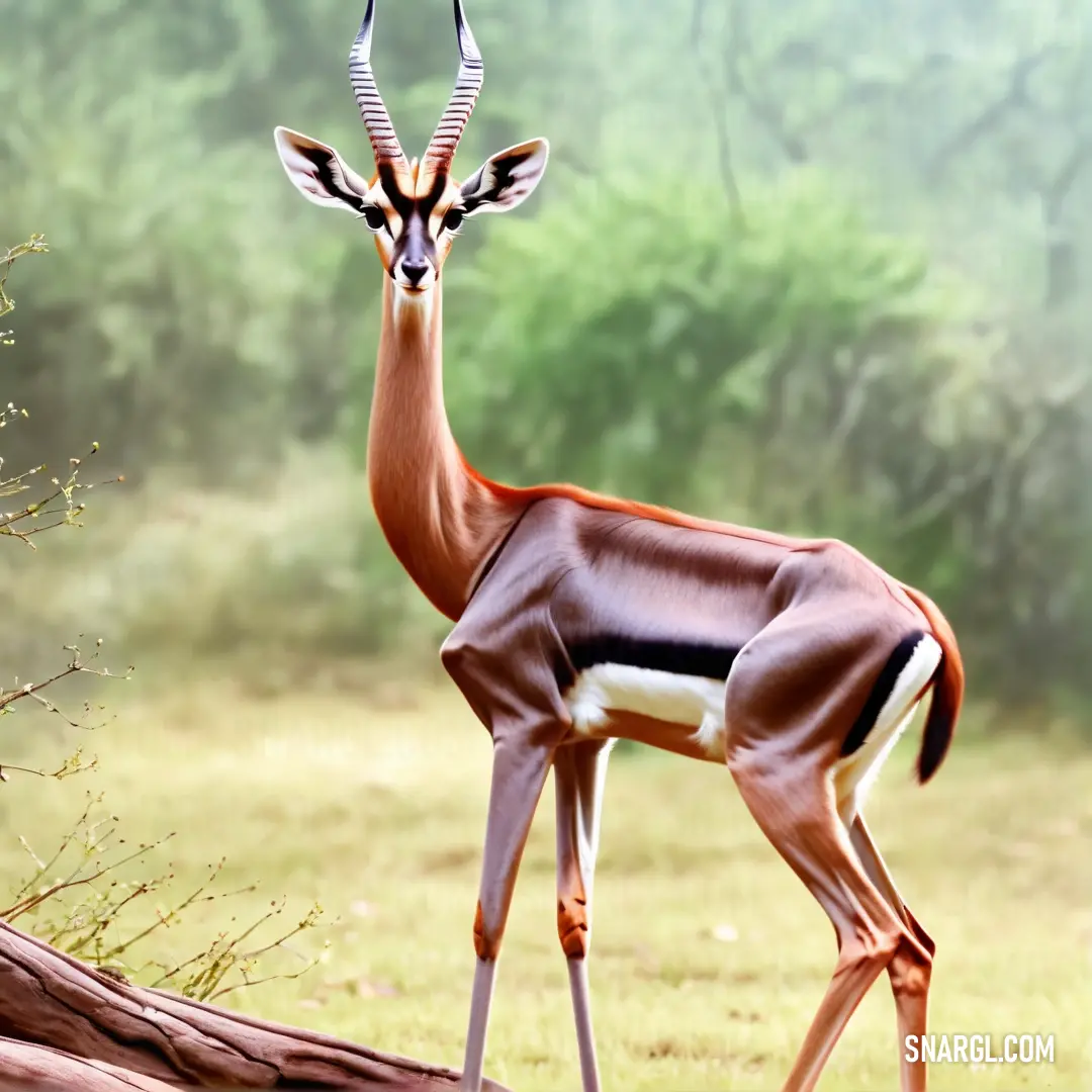 Gazelle standing in a field with trees in the background