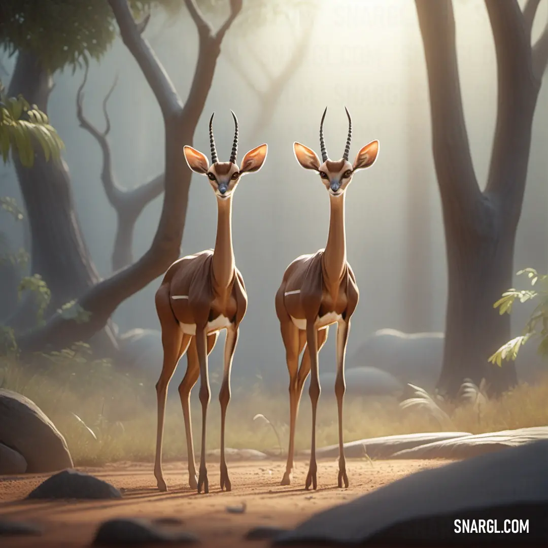 Two deer standing next to each other in a forest with trees and rocks in the background