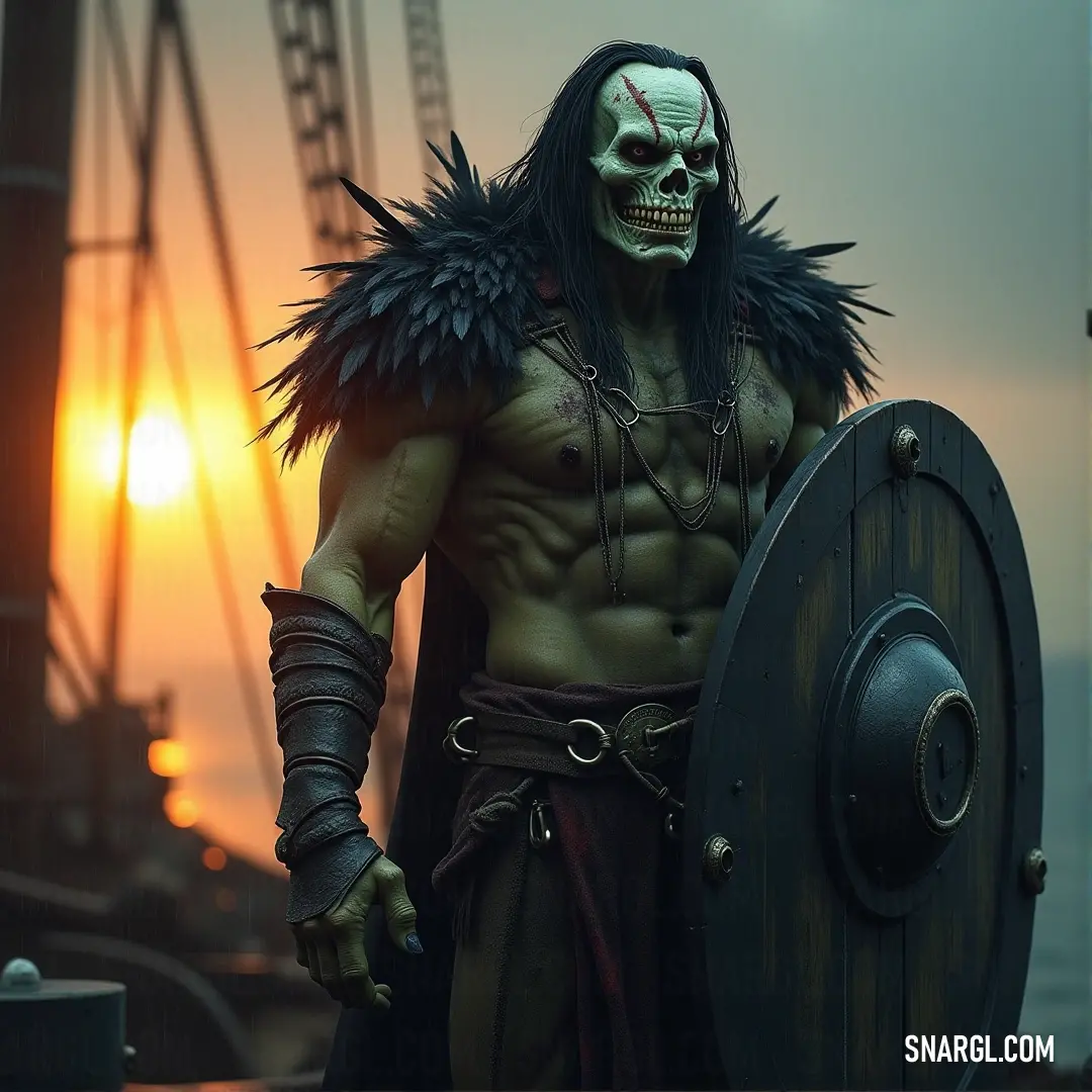 A horned Ghast holds a sword and shield in front of a breathtaking sunset, with a ship visible on the horizon, creating a dramatic scene full of mystery and power. A Ghast, with a fearsome horned head, stands before a glowing sunset, a sword in one hand and a shield in the other. A ship looms in the distance, silhouetted against the fiery sky, as the Ghast faces the setting sun with an air of mystery.