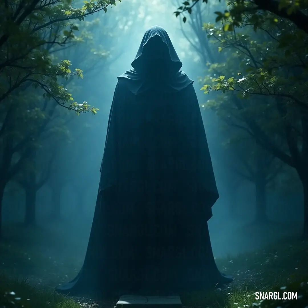 Hooded Ghastly Specter in Forest: Keeper of Forbidden Knowledge A Hooded Ghastly Specter stands amidst a dark, enchanted forest, clutching an ancient book. The soft rays of light break through the canopy, illuminating its foreboding figure, while the air is thick with the whispers of lost knowledge and forgotten spell