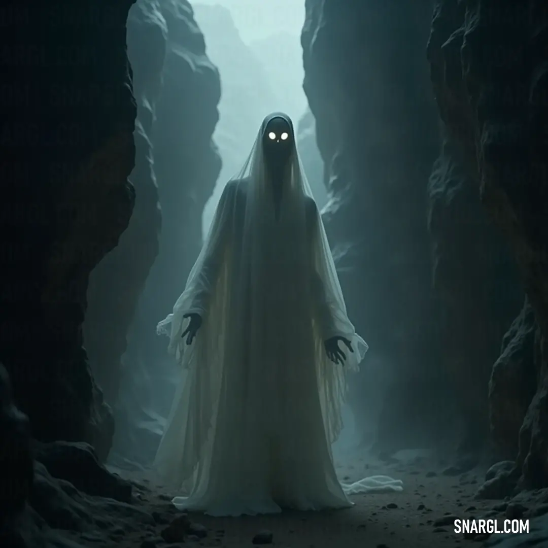 A spectral ghost, clad in a flowing white robe, hovers within a dark cave, its faintly twisted face revealing both sorrow and mystique, as eerie shadows cascade around from hidden corners illuminated by the ghost's unsettling spectral glow.
