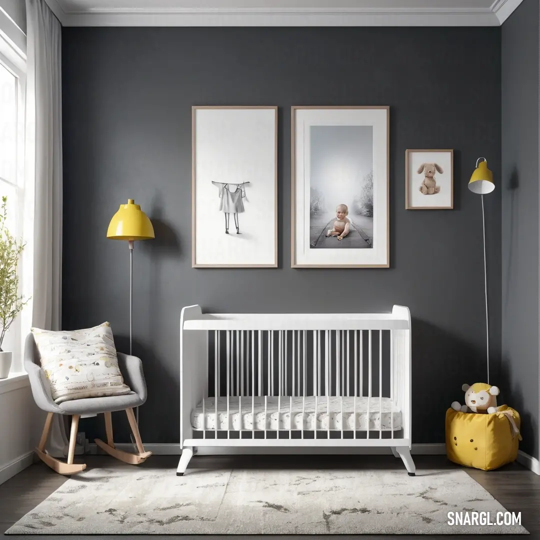 Baby's room with a white crib and a yellow rocking chair and a yellow lamp on the wall. Example of #F8F8FF color.