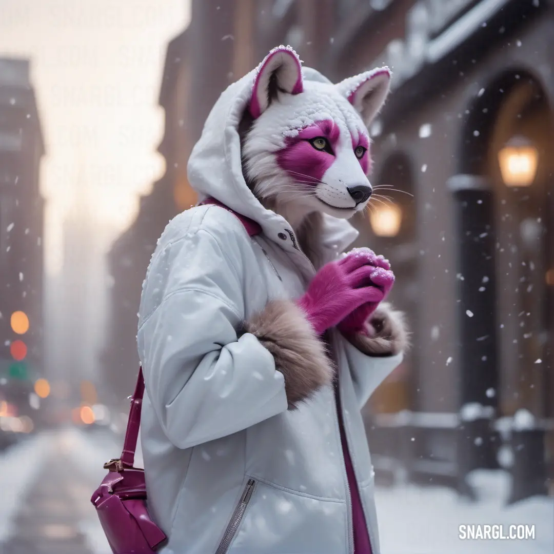 Person in a white coat and pink gloves is standing in the snow with a raccoon on their shoulder. Color CMYK 3,3,0,0.