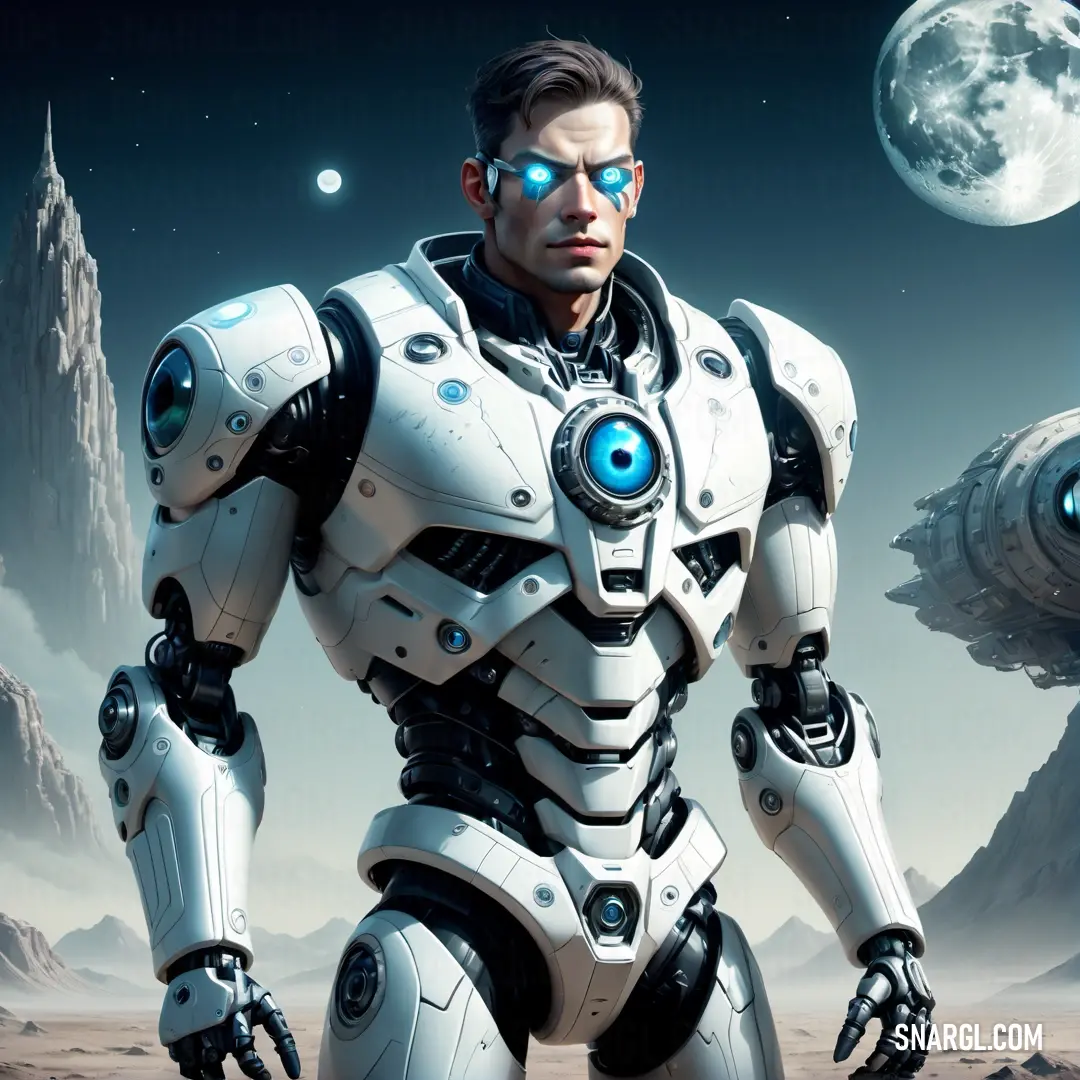Man in a futuristic suit standing in front of a space station with a moon in the background