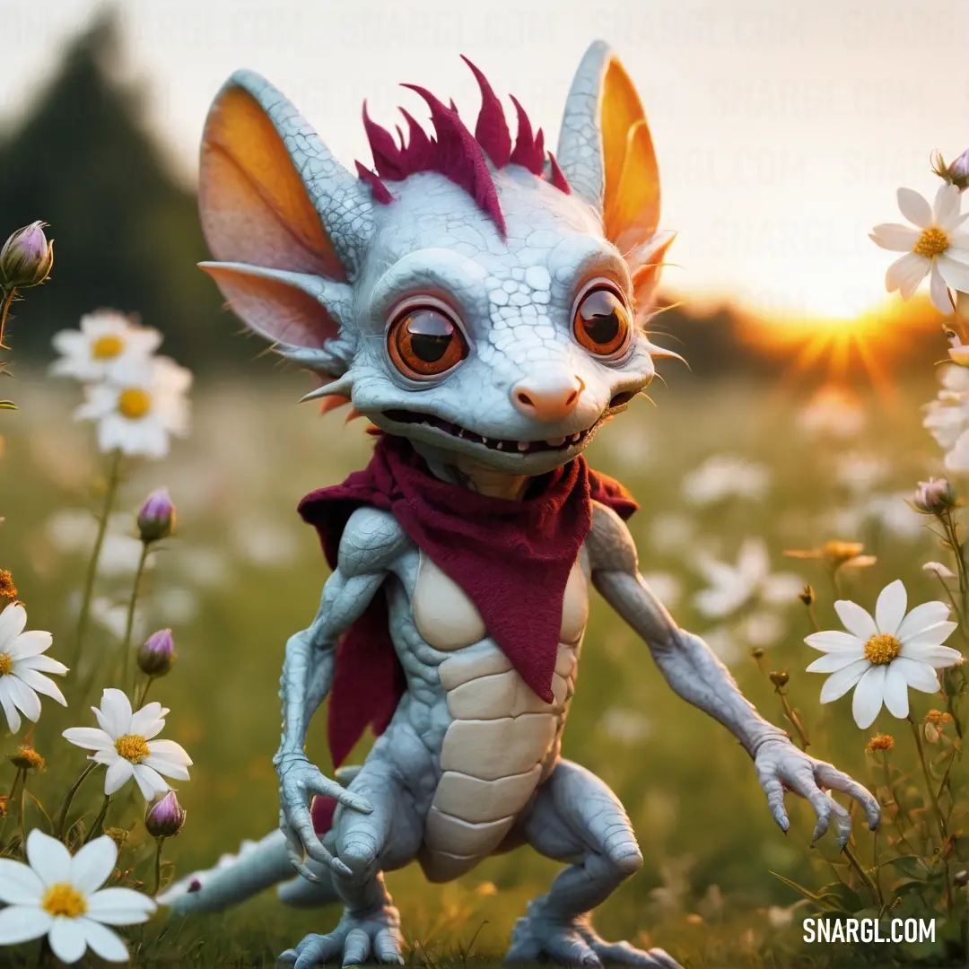 Small white dragon with red eyes standing in a field of daisies and daisies