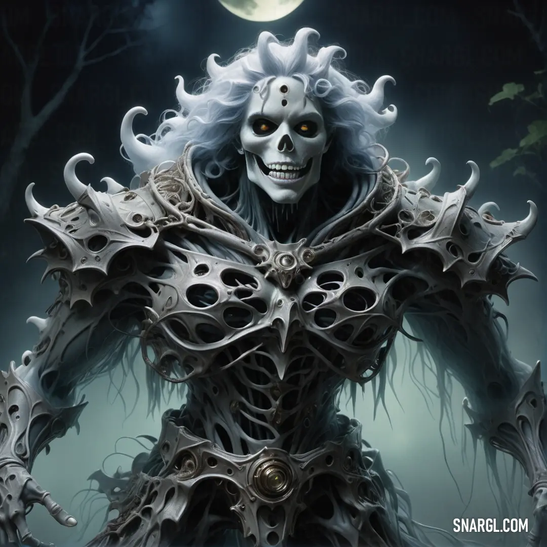 Creepy skeleton with a white face and hair standing in front of a full moon