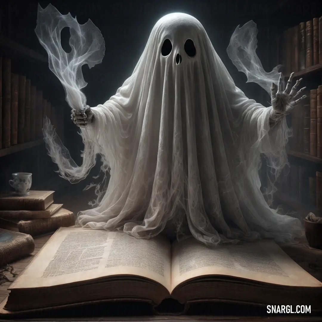 Ghost reading a book in a library with bookshelves