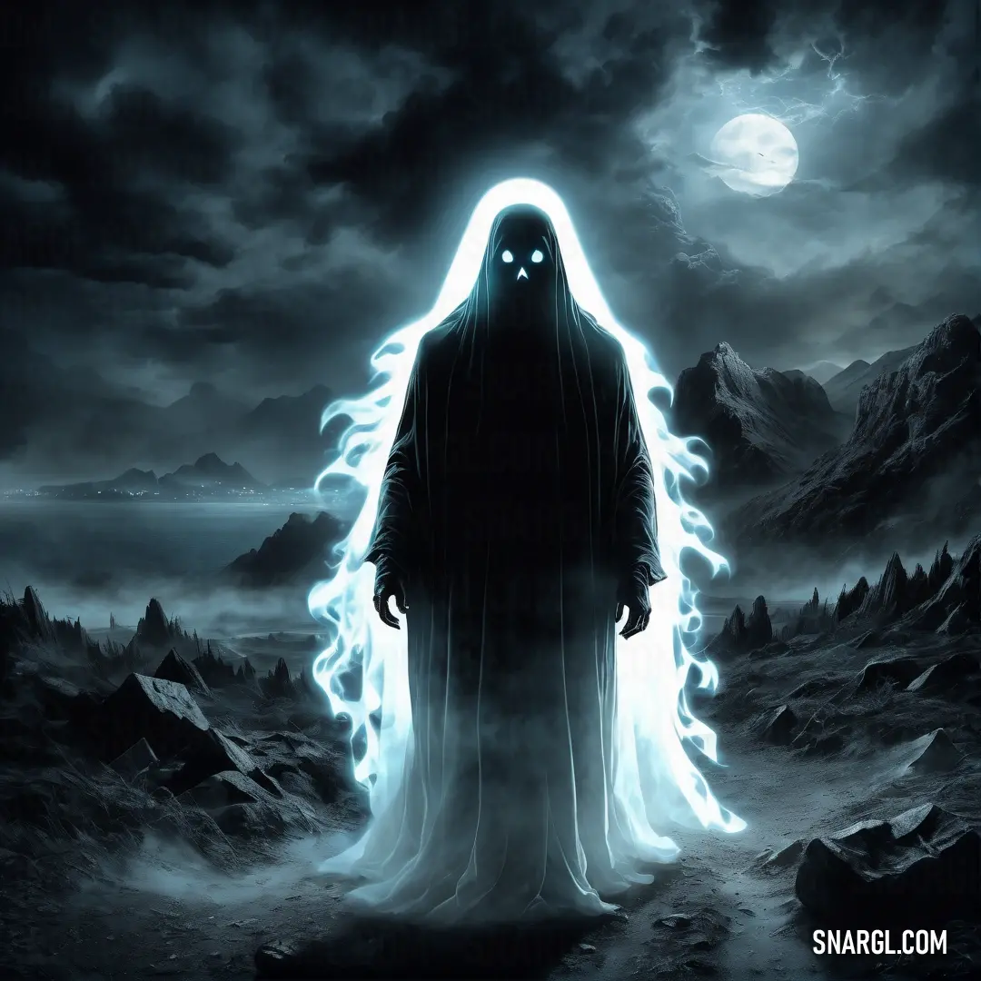 Ghost standing in a dark mountain with a full moon in the background