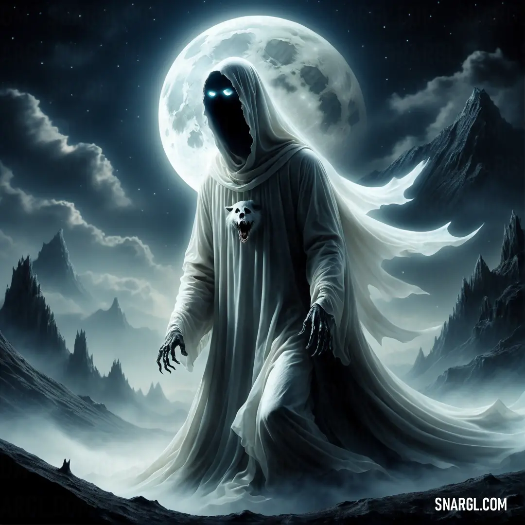 Ghostly male Ghost with a dog in his hand in front of a full moon sky with mountains and trees