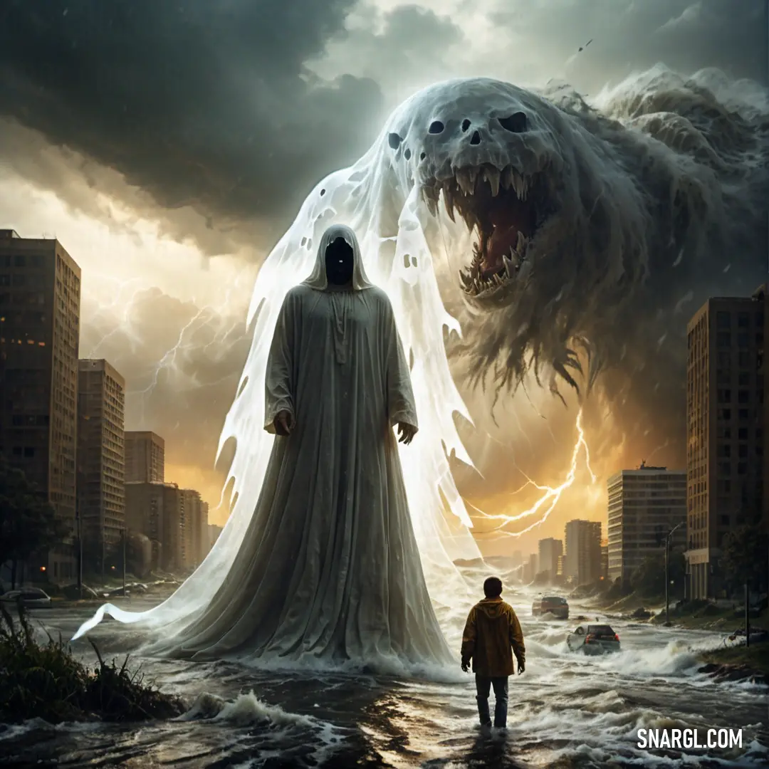 Man standing in a river next to a giant Ghost in a city with buildings in the background